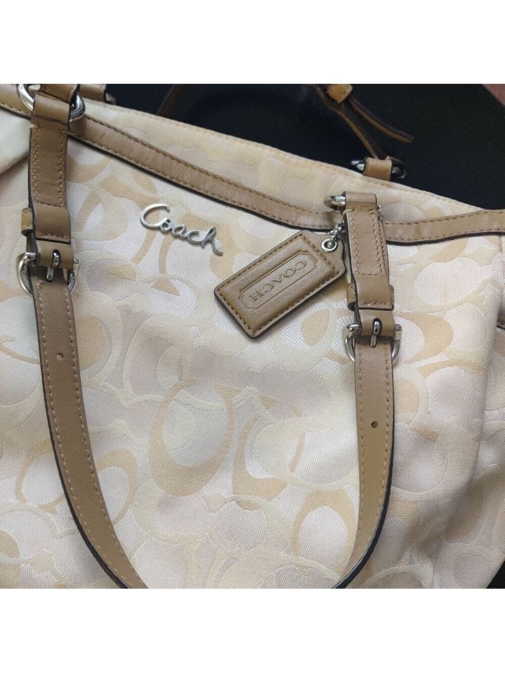 Coach Signature Jacquard Canvas Tote Cream Tan Leather Trim 0495 - Picture 9 of 12